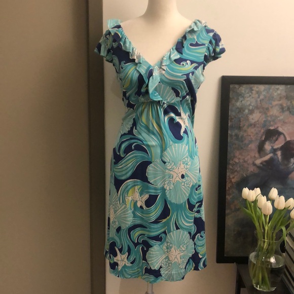 Lilly Pulitzer Dresses & Skirts - Lilly Pulitzer Starfish Beach Pattern Ruffle Fit & Flare Dress in Blue & Green